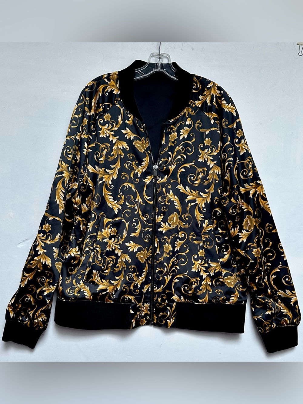 Versace for H&M Mens XL Reversible Bomber Jacket Gold Baroque Print Black